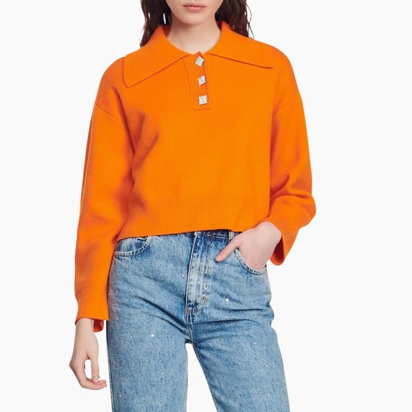 Sandro Menton Jewel Button Crop Polo Sweater- New